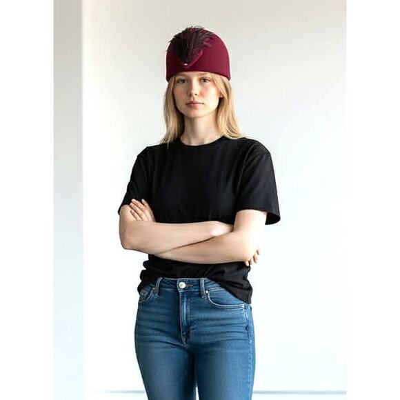 Vintage Mr. Charles Doeskin Felt 100% Wool Cranberry Dome Hat w/Large Feather